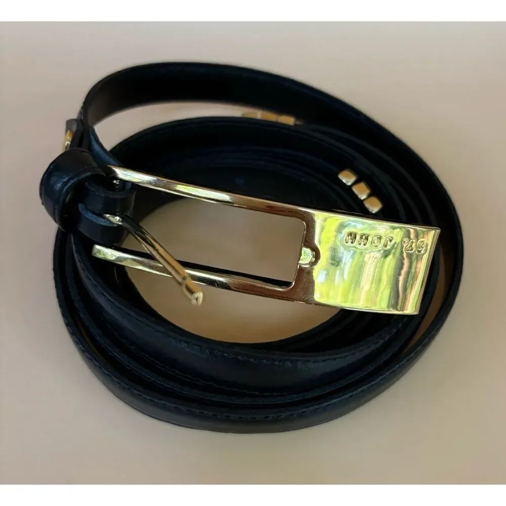 St. John Skinny Double Flip Leather Belt in Black Size 10 / 75” Long / New